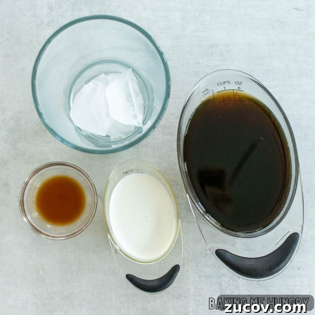 Creamy Vanilla Iced Coffee Recipe for Summer Refreshment 4 ingredients in small measuring cups