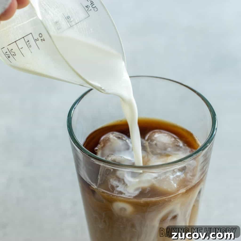 Creamy Vanilla Iced Coffee Recipe for Summer Refreshment 6 half and half being poured into glass