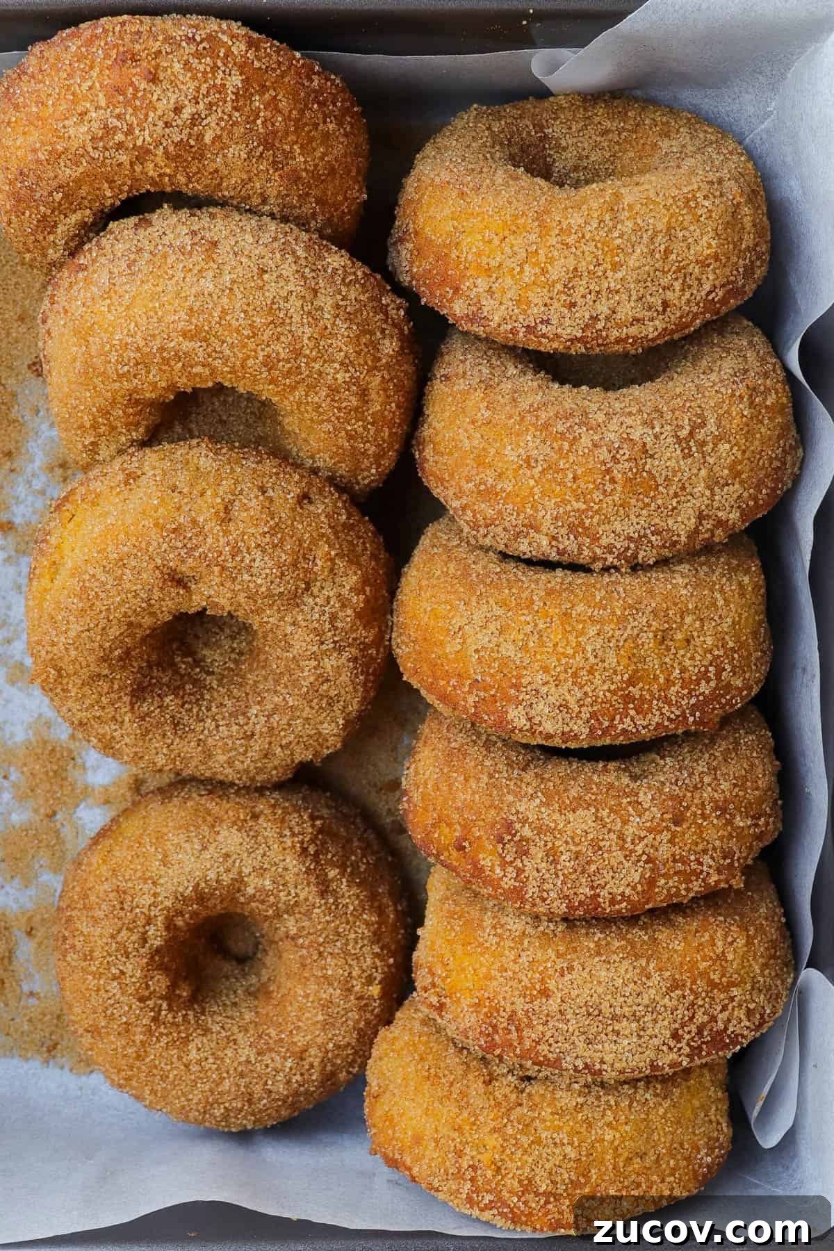 Gluten-Free Pumpkin Donuts Recipe That Actually Works 5 Donuts stacked in two rows in the baking tray.