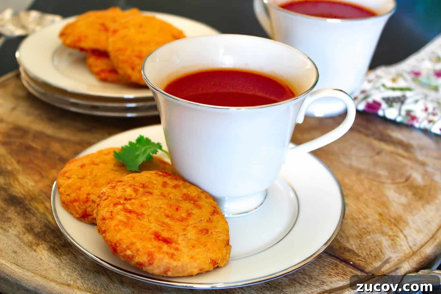 Tomato and Herb Broth Recipe for Flavorful Homemade Soup 4 Non-Alcohol Southern Tomato Aperitif in a white china cup with two cheddar wafers on the saucer
