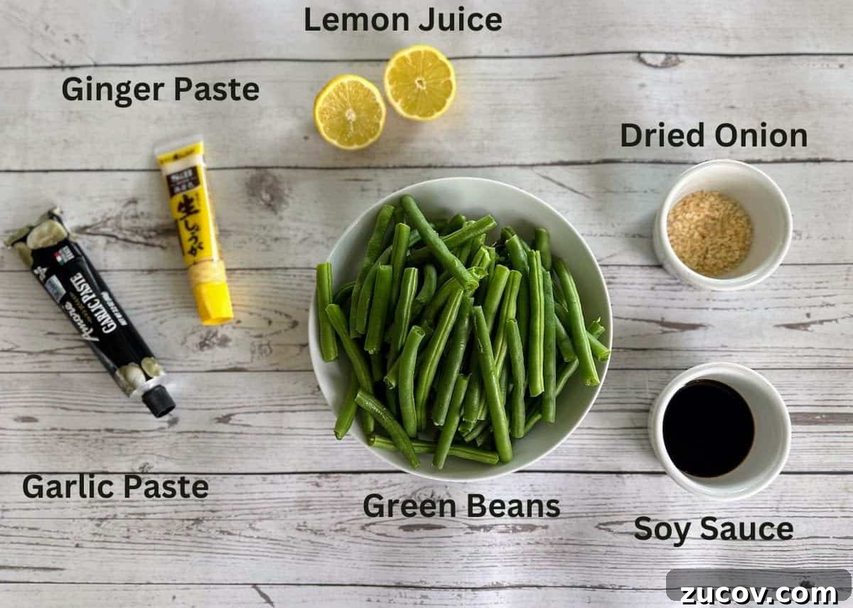 Crispy Asian-Style Garlic Green Beans Recipe 4 Recipe ingredients: Green beans, garlic paste, ginger paste, lemon juice, dried onion, and soy sauce.