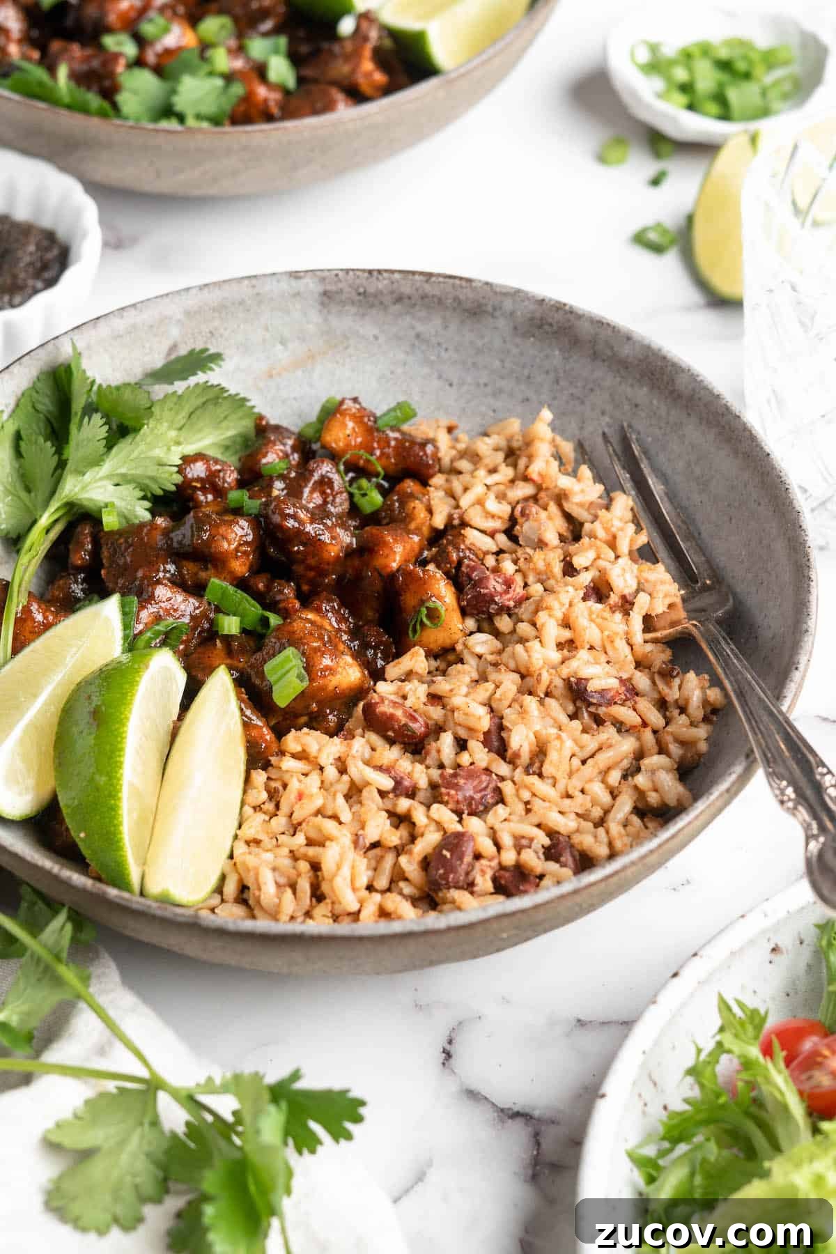 This Jamaican jerk tofu is the real deal! It's spicy, saucy, and just a little bit sweet. It's also super easy to make for a weeknight meal! Bowl of Jamaican jerk tofu and rice