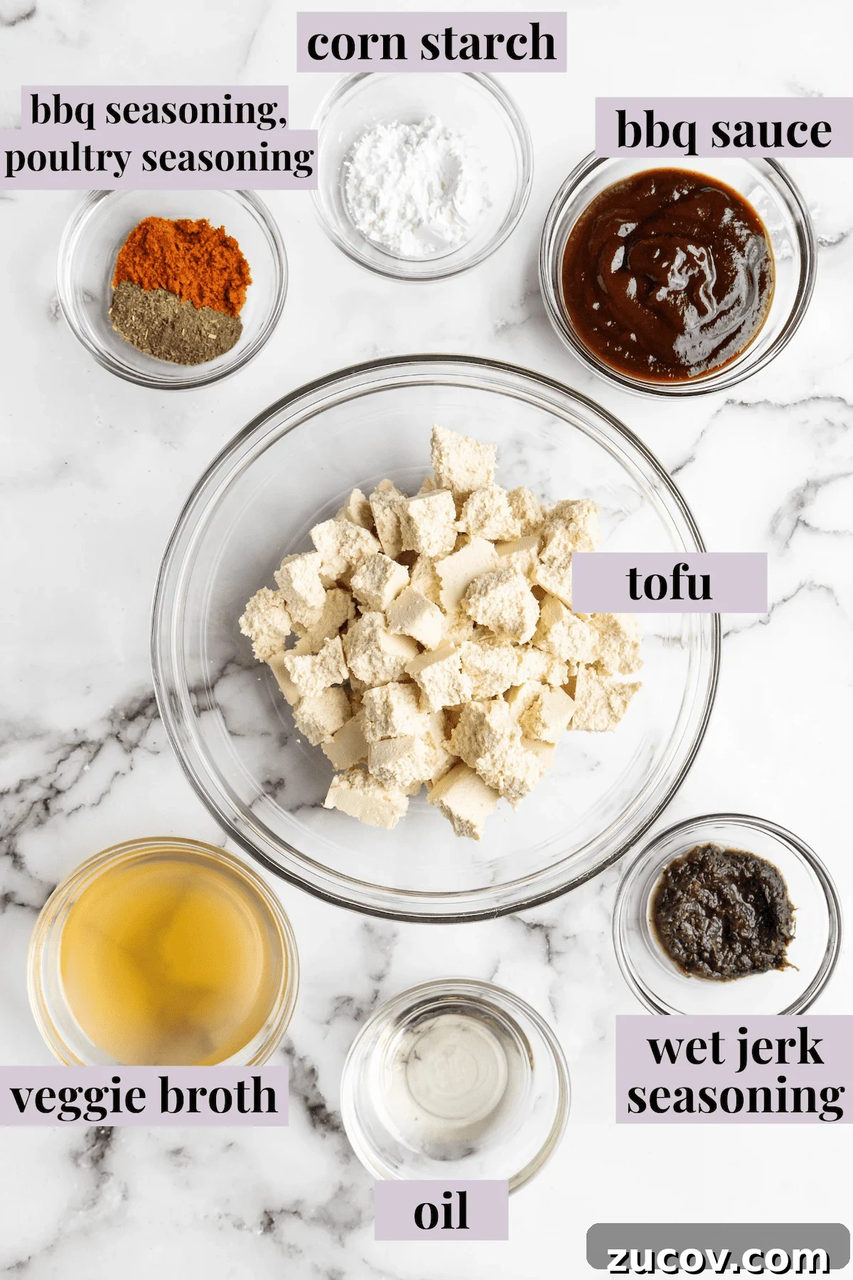 This Jamaican jerk tofu is the real deal! It's spicy, saucy, and just a little bit sweet. It's also super easy to make for a weeknight meal! Overhead view of ingredients for jerk tofu