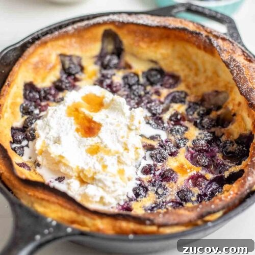 Blueberry Dutch Baby Pancake Recipe for Brunch and Dessert 10 Blueberry dutch baby topped with whipped cream and maple syrup in a cast iron skillet. A bowl of whipped cream and a small container of blueberries and raspberries are behind the skillet.
