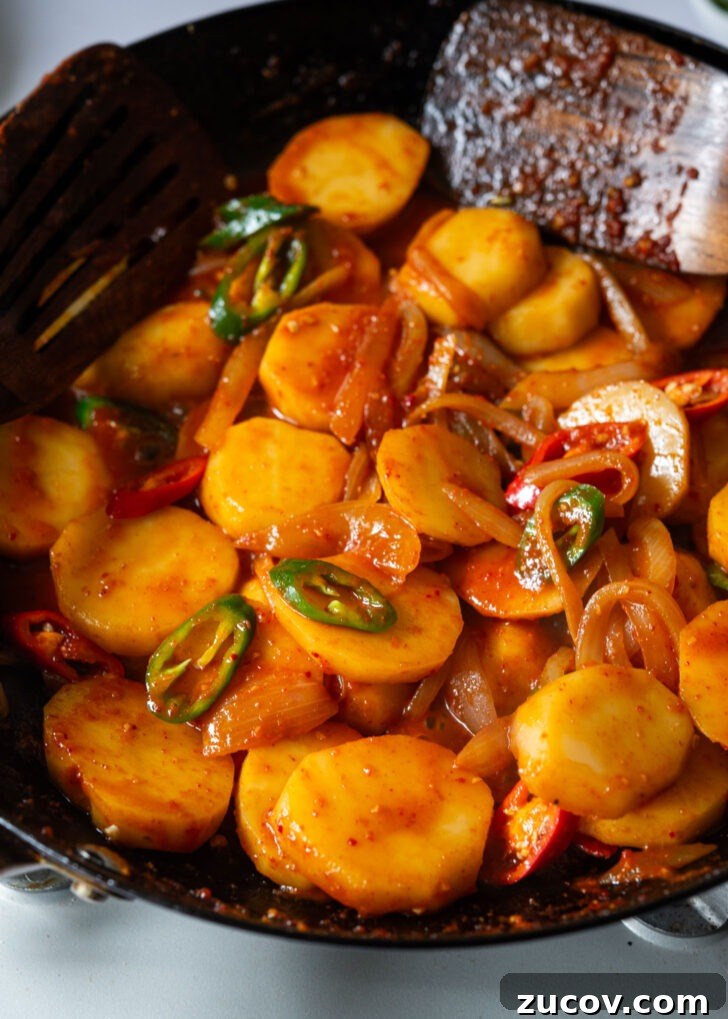 Spicy Korean Braised Potatoes (Maeun Gamja Jorim) 11 Fresh chilies added to make spicy potato side dish.