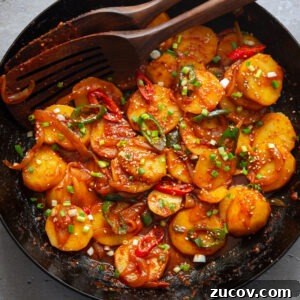 Spicy Korean Braised Potatoes (Maeun Gamja Jorim) 13 Spicy potatoes braised in a skillet.