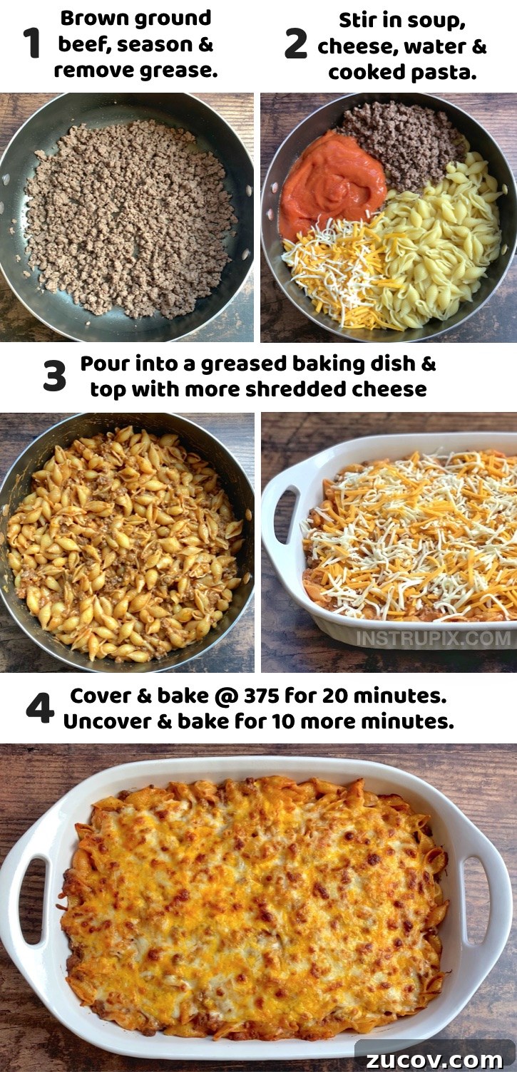Cheesy Hamburger Casserole Dinner Recipe 6 Seriously, the best ground beef dinner recipe for your picky kids! This simple weeknight meal is a life saver, and it's so quick and easy to make with just a few cheap ingredients: ground beef, tomato soup, pasta shells and lots of cheese. My entire family just gobbles it up. If you're looking for easy dinner recipes for your picky eaters, try this hamburger casserole! It's one of my most popular and best reviewed recipes. Perfect for busy moms and dads on a budget!