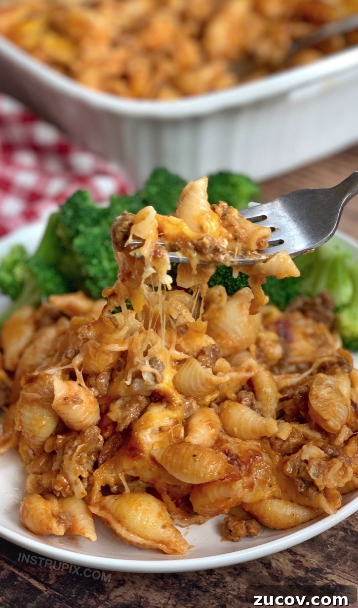 Cheesy Hamburger Casserole Dinner Recipe 7 Quick and easy dinner casserole made with ground beef, tomato soup, pasta shells and cheese: Easy Cheeseburger Casserole Recipe