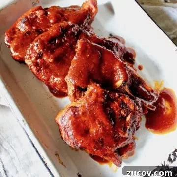 St. Louis BBQ Pork Steaks in an enamel pan for serving