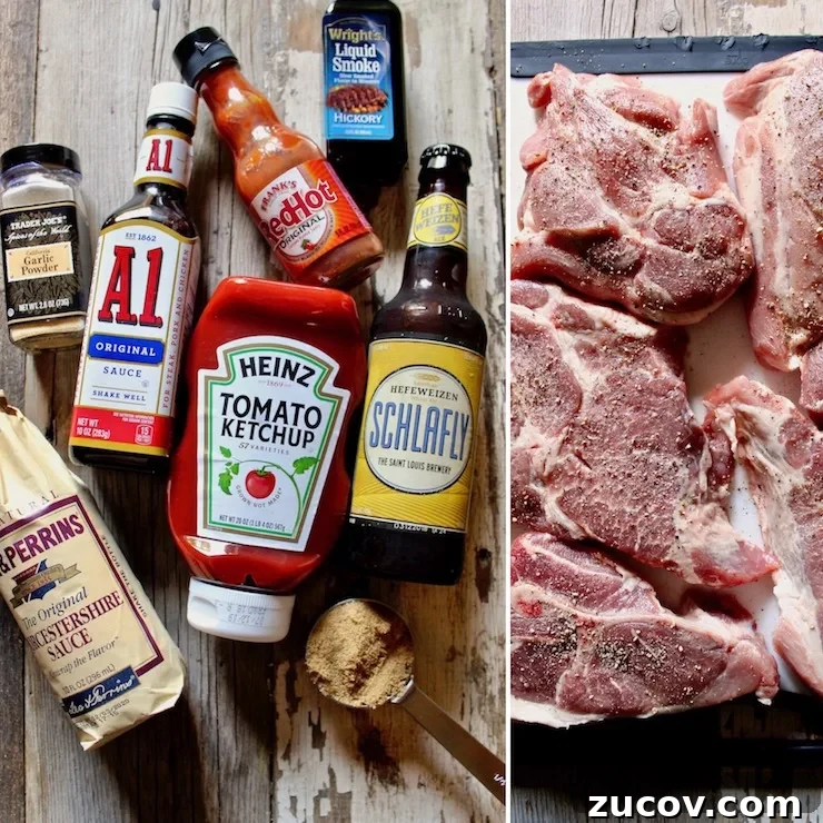 St. Louis Style BBQ Pork Steaks: Tender Grilled Recipe 4 St. Louis BBQ Pork Steak sauce ingredients and raw pork steaks.