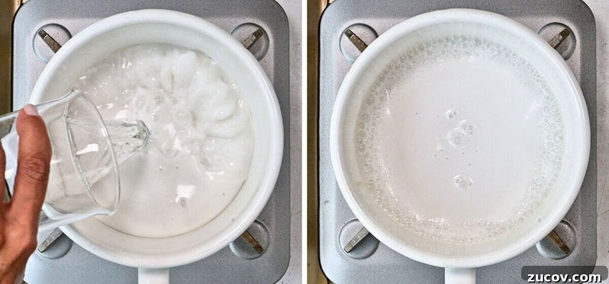 Coconut Rice Recipe: Creamy, Fragrant Side Dish in 30 Minutes 5 Side-by-side images show a coconut milk, water, sugar and salt in a pot on a stove. In the first, a hand pours water into the pot. In the second, the mixture is simmering with small bubbles forming on the surface.