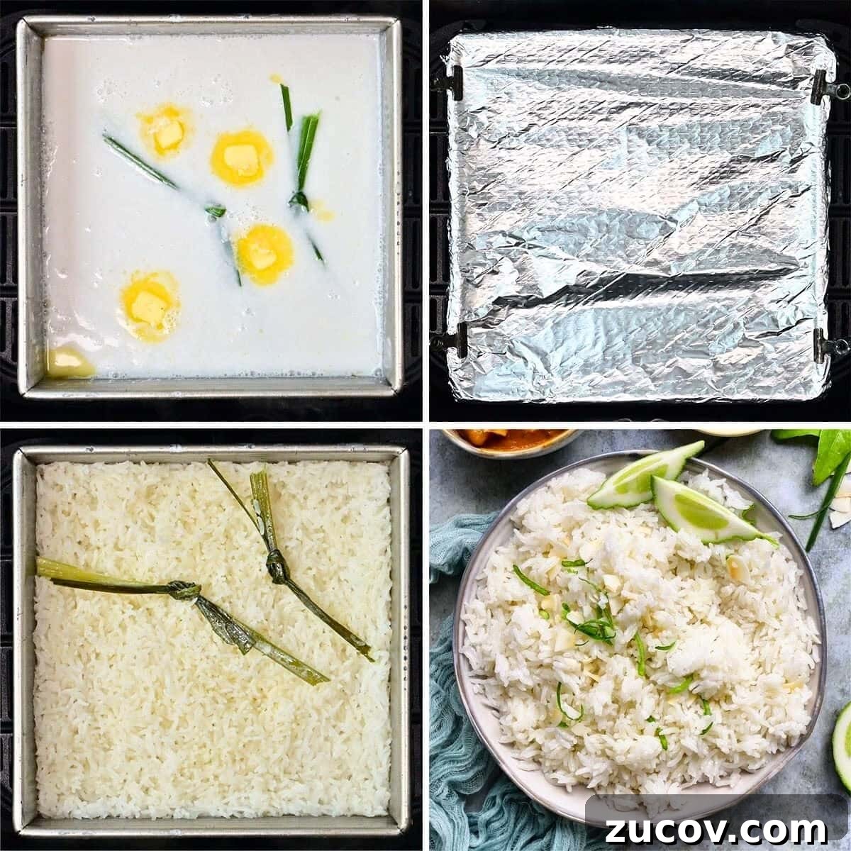 Coconut Rice Recipe: Creamy, Fragrant Side Dish in 30 Minutes 6 Four images show: uncooked rice with coconut milk, butter, and pandan leaves in a pan; the pan covered with foil; cooked rice with pandan; and a plate of fluffy coconut rice garnished with lime wedges.
