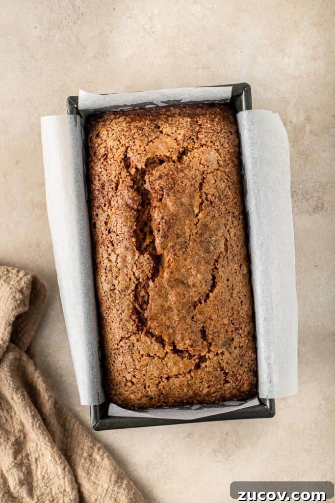 Ultimate Vegan Banana Bread Recipe You’ll Love 11 The cooked banana bread in the tin.