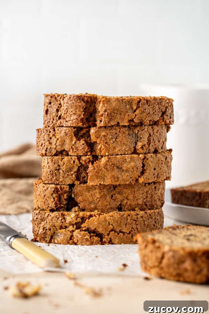 Ultimate Vegan Banana Bread Recipe You’ll Love 12 The banana bread sliced and stacked.