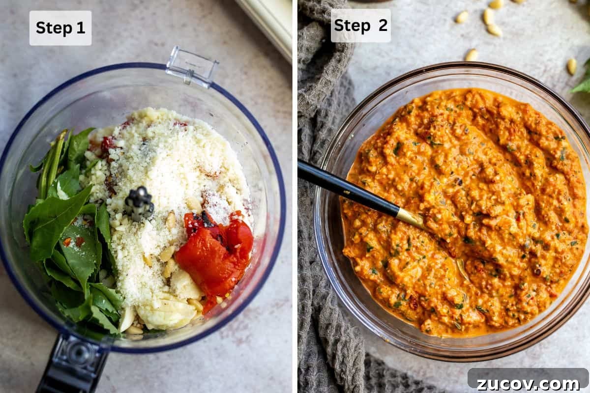 Roasted Red Pepper Pesto Recipe for Pasta, Sandwiches & Dips 4 Small food processor with ingredients in it and then bleded with a spoon.