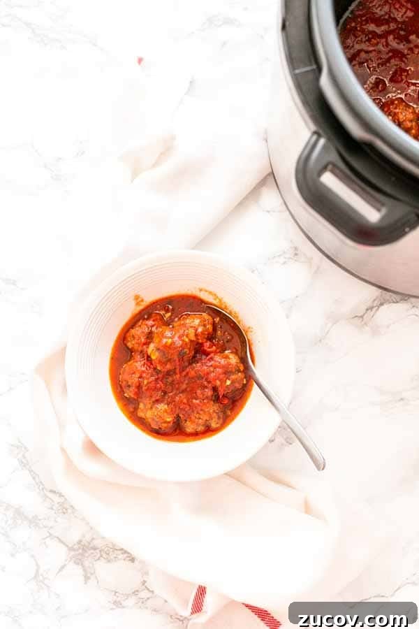 Instant Pot Meatballs in Rich Tomato Sauce 7 Instant Pot meatballs and sauce are great to make ahead, meal prep or to make for your pasta dish. It is super easy to make. No browning just put the meatballs in the Instant Pot and let it go.