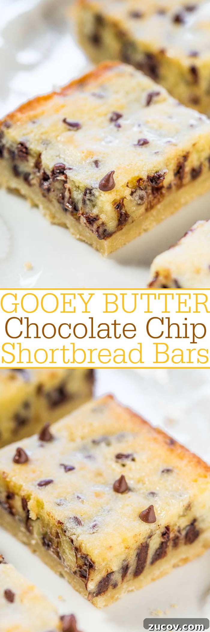 Gooey Chocolate Chip Butter Shortbread Bars 4 Gooey Butter Chocolate Chip Shortbread Bars - A buttery shortbread crust topped with a creamy, buttery topping that's almost like custard!! The bars live up to their gooey, buttery name!!