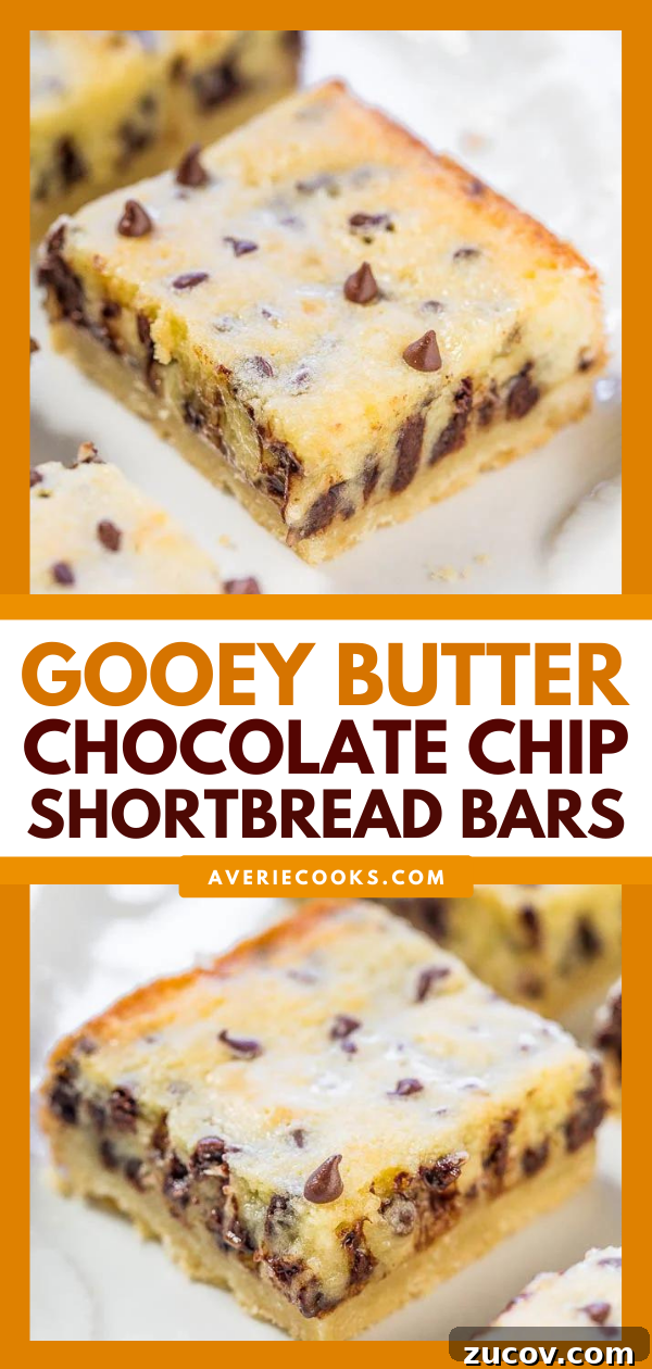Gooey Chocolate Chip Butter Shortbread Bars 5 Gooey Butter Chocolate Chip Shortbread Bars — A buttery shortbread crust topped with a creamy, buttery topping that's almost like custard!! The bars live up to their gooey, buttery name!!
