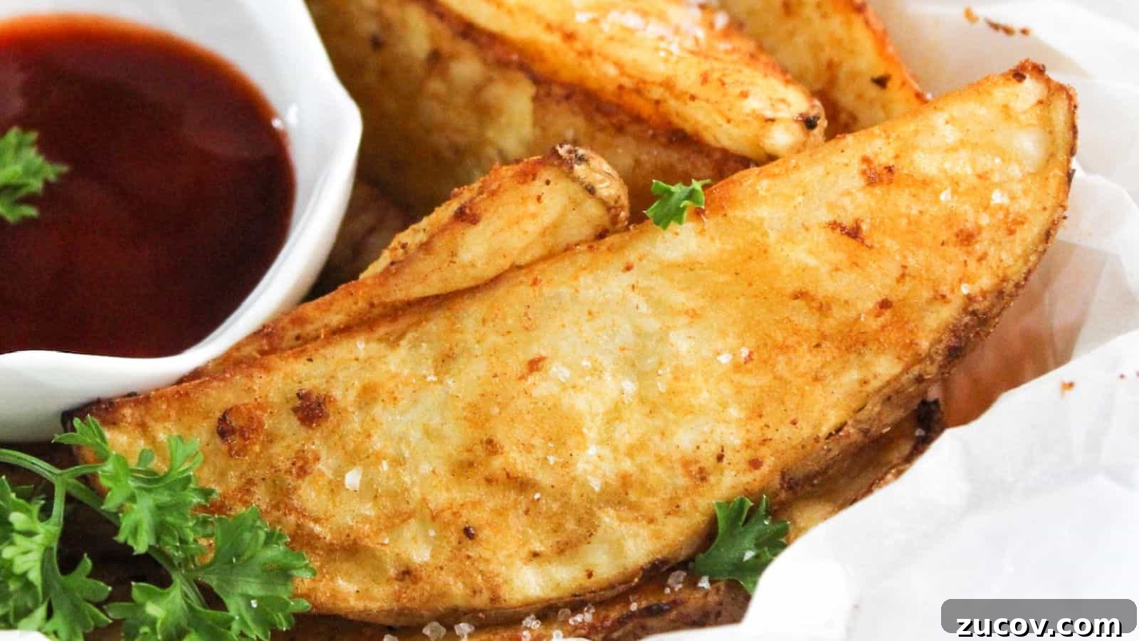 17 Comforting Side Dishes That Steal the Show 13 Fried potato wedges with ketchup and parsley.