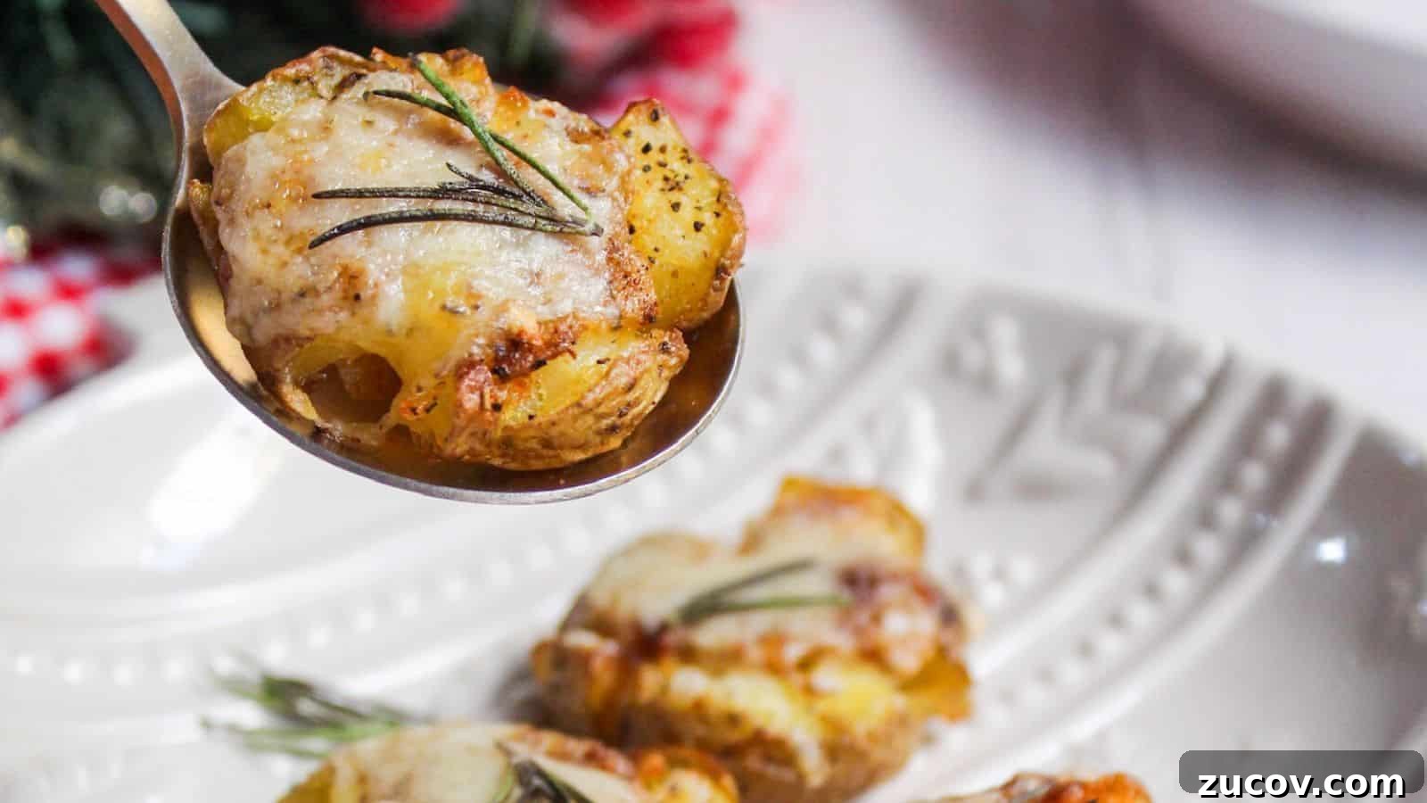 17 Comforting Side Dishes That Steal the Show 3 A spoon lifting a smashed potato garnished with rosemary, with a festive table setting in the background.