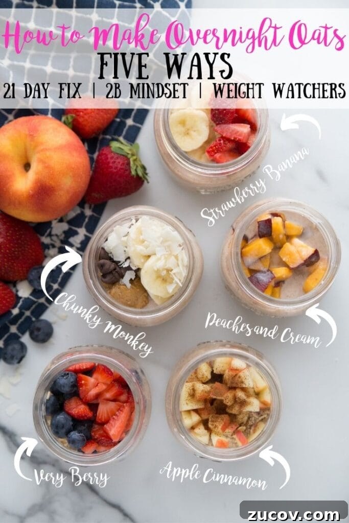 Creamy Overnight Oats: 5 Simple Recipes for Busy Mornings 12 Overhead shot of overnight oats labeled with different flavors- strawberry banana, chunky monkey, peaches and cream, very berry, and apple cinnamon- with the text overlay How to Make Overnight Oats Five Ways