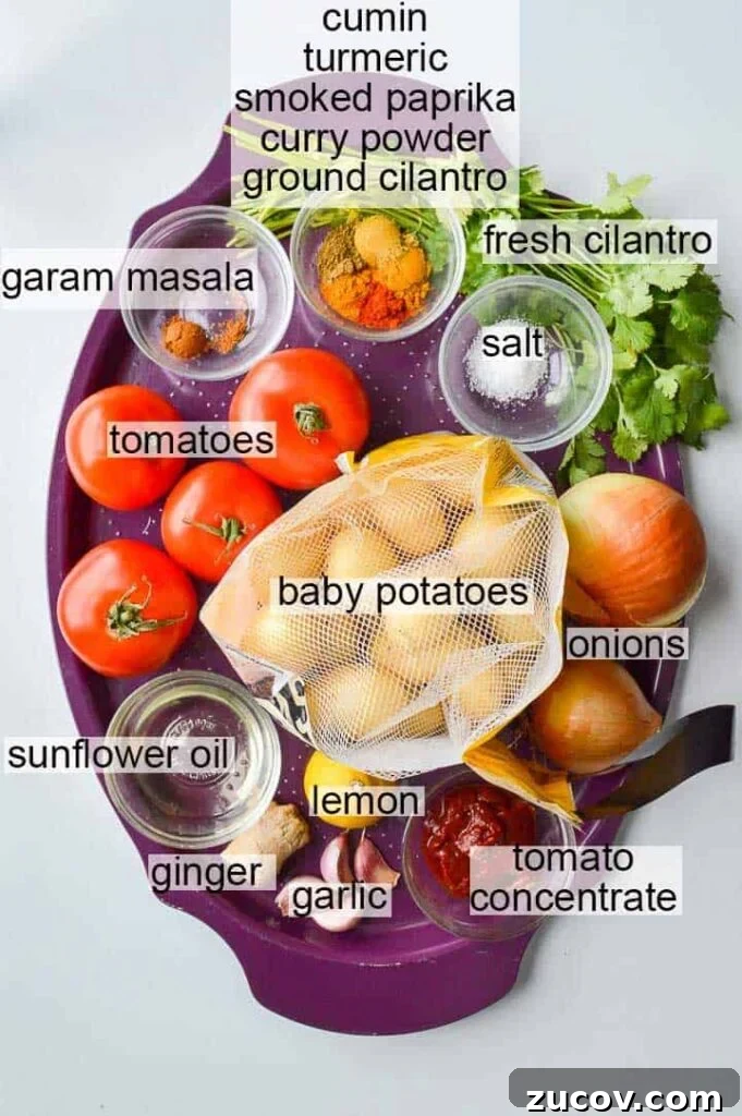Bombay Potatoes Recipe: Restaurant-Style Spiced Potatoes 5 A purple platter with ingredients on it including spices, tomatoes, cilantro, salt, baby potatoes, onions, tomato paste, lemon, garlic, ginger and oil