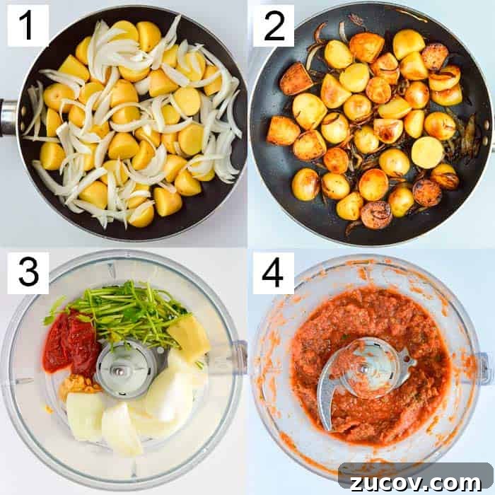 Bombay Potatoes Recipe: Restaurant-Style Spiced Potatoes 6 4 pictures of frying potatoes and onions and then processing garlic coriander ginger and tomato paste into a masala paste