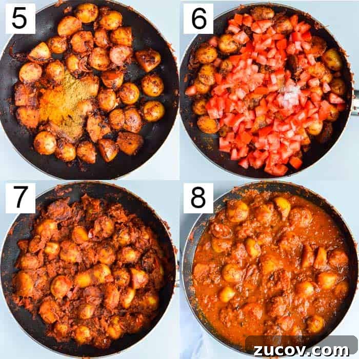 Bombay Potatoes Recipe: Restaurant-Style Spiced Potatoes 7 picture five to eight of the stage of making bombay potatoes with sauce being added