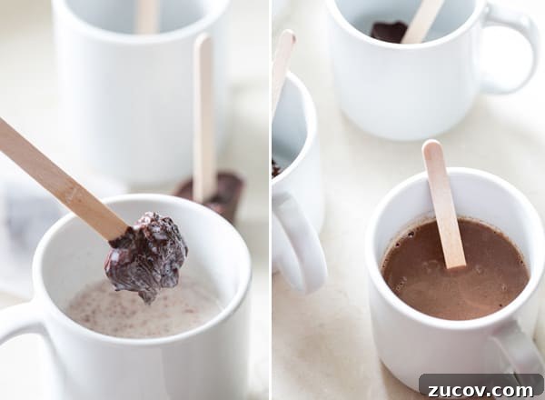 Delicious Hot Chocolate Sticks: Melt-In-Mug Cocoa Treats 6 Hot chocolate on a stick is dipped into a mug of hot milk.