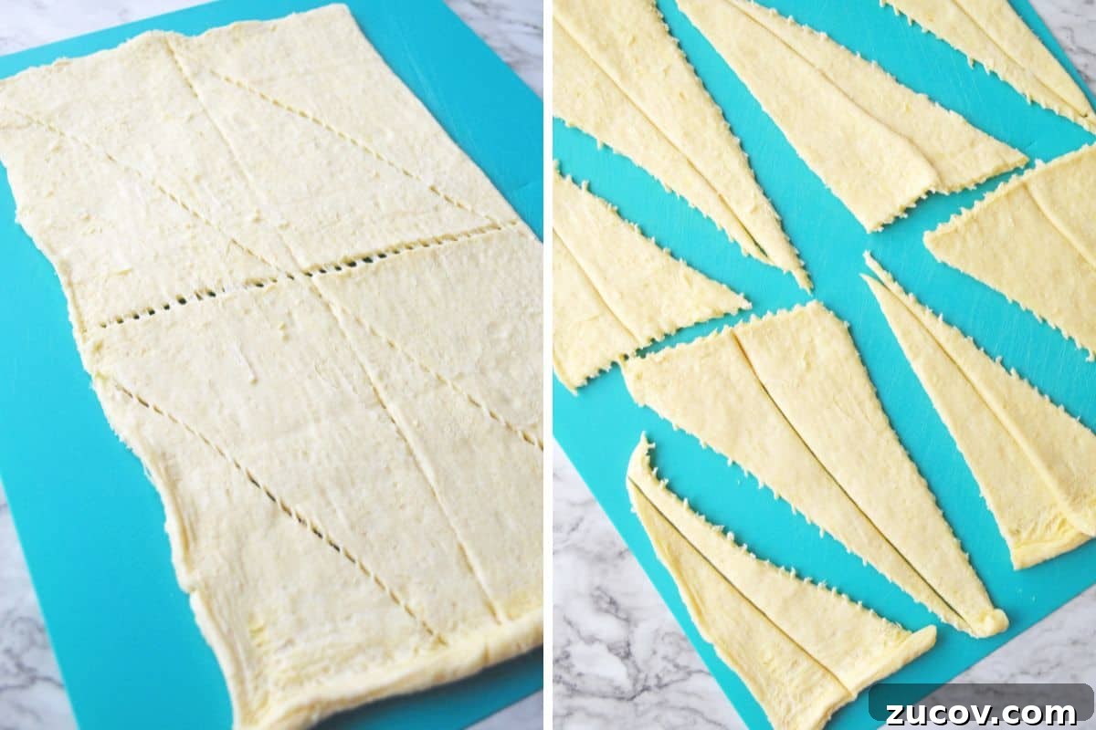 Two image collage of crescent roll dough on blue cutting board before and after slicing into 16 small triangles.