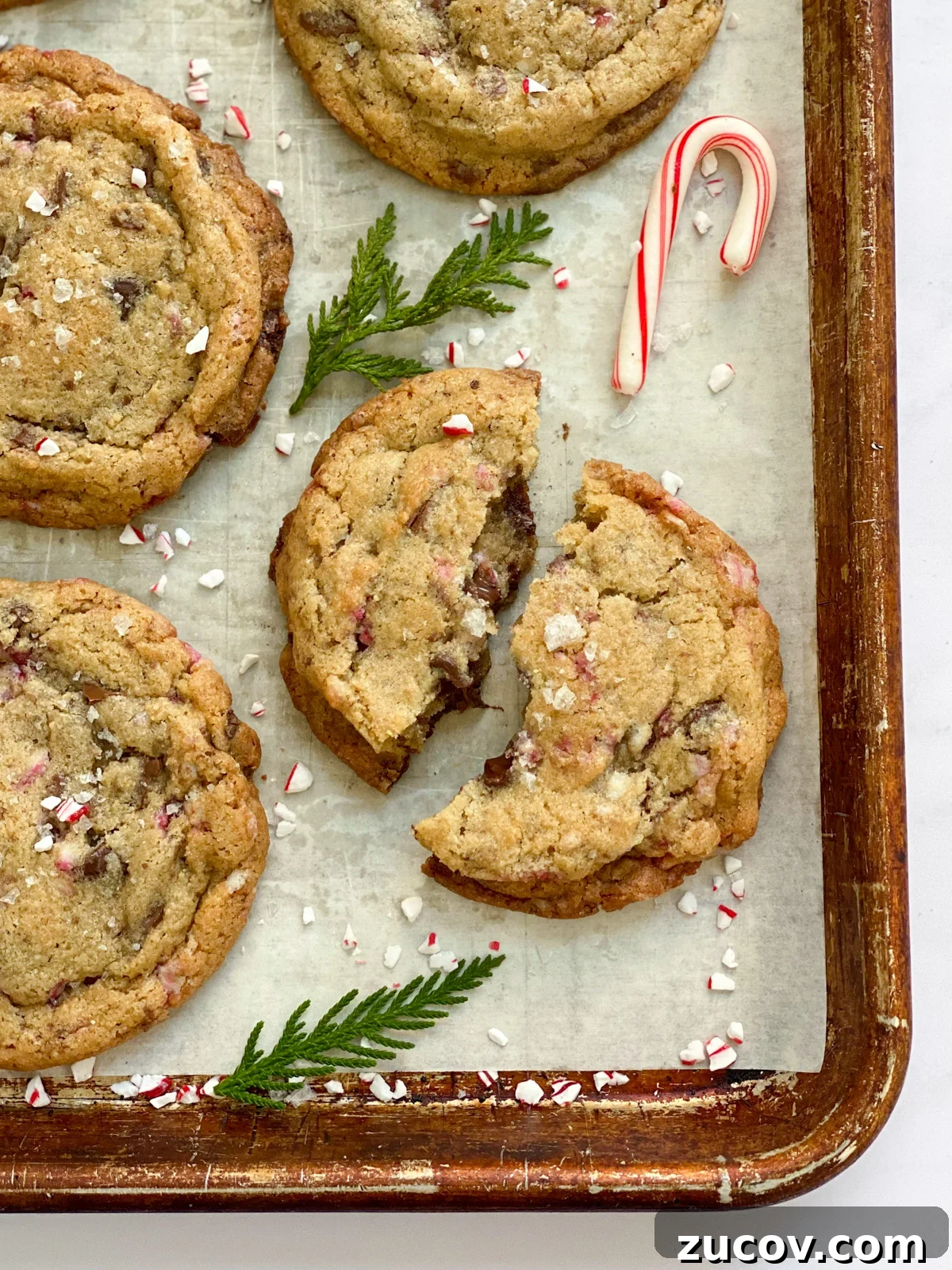 Peppermint Chocolate Chip Cookie Recipe with Crispy Edges 2 a broken peppermint chocolate chip cookie with a candy cane and some leaves.