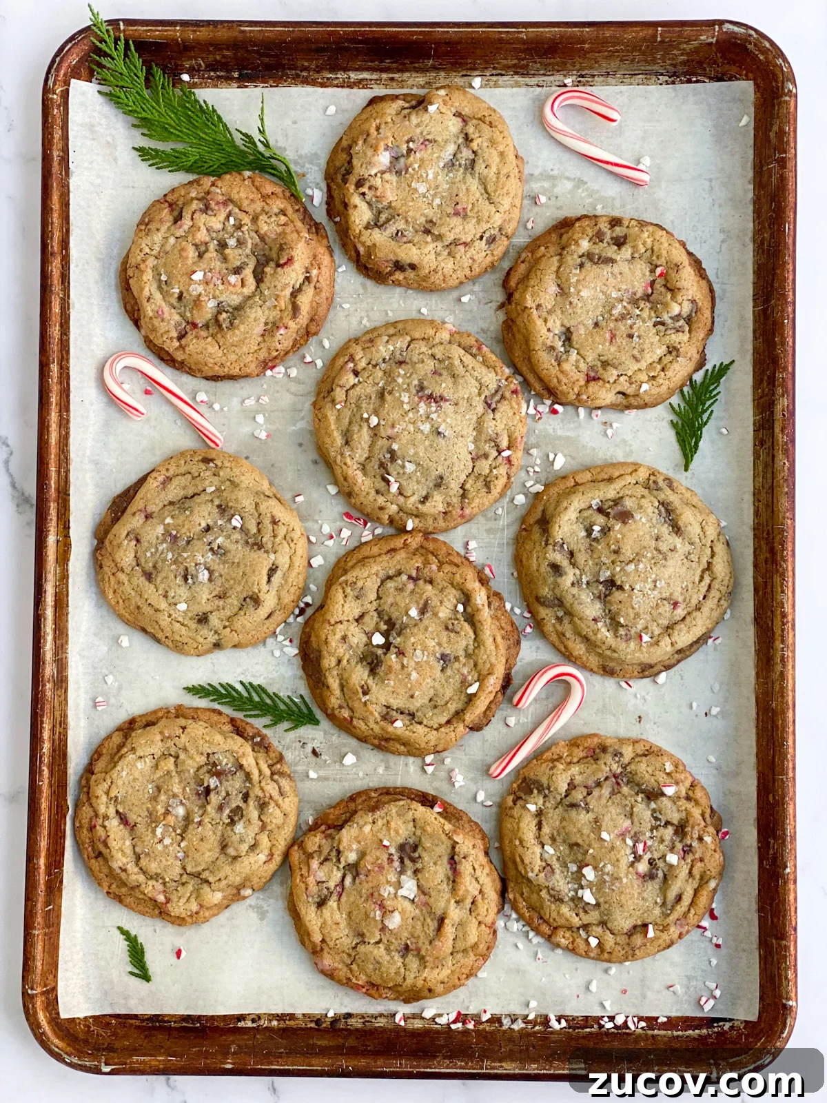 Peppermint Chocolate Chip Cookie Recipe with Crispy Edges 12 a bunch of peppermint chocolate chip cookies scattered on a cookie sheet with little candy canes and christmas tree branches.