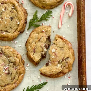 Peppermint Chocolate Chip Cookie Recipe with Crispy Edges 13 a broken peppermint chocolate chip cookie with a candy cane and some leaves.