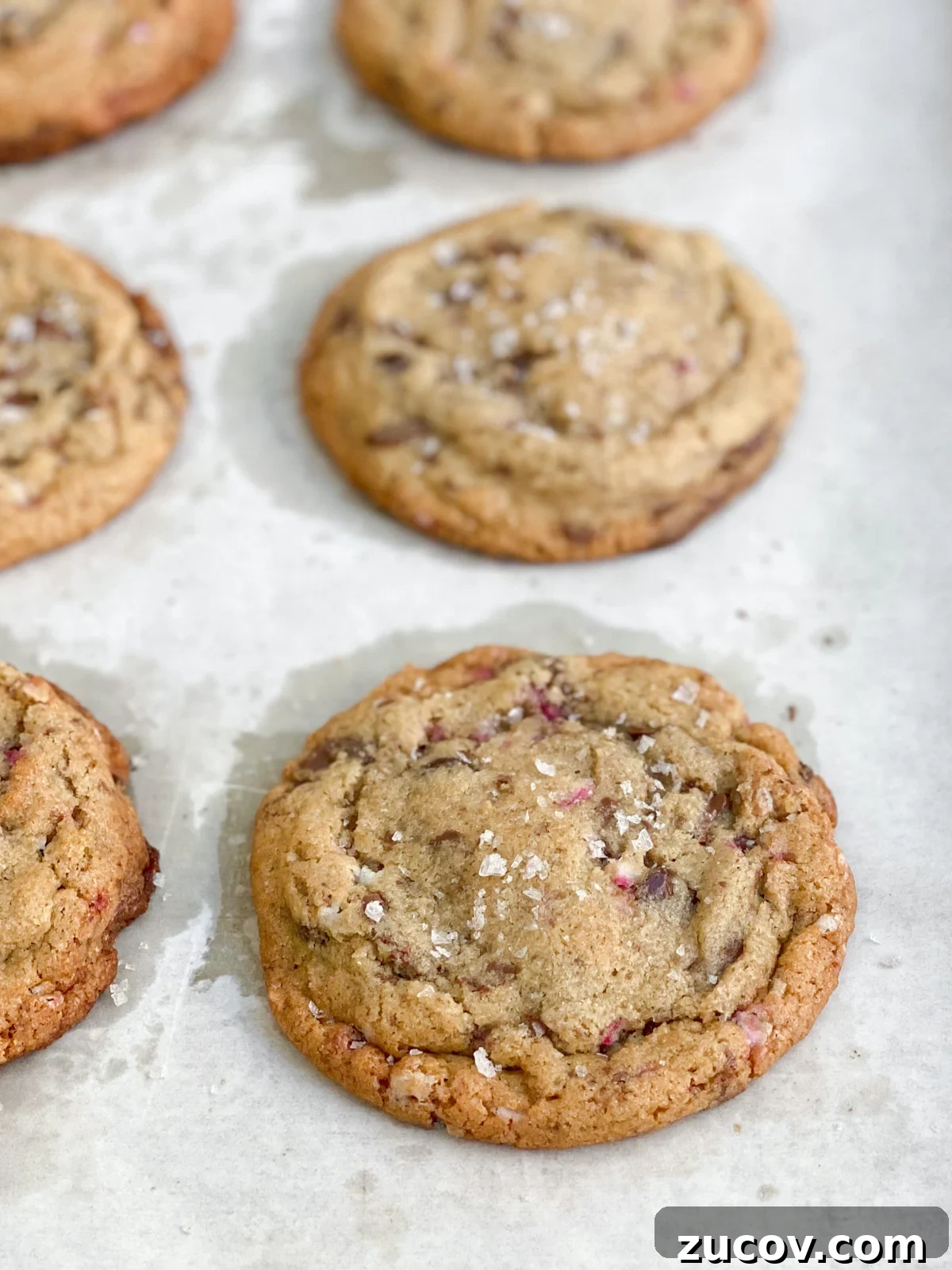 Peppermint Chocolate Chip Cookie Recipe with Crispy Edges 3 a side view of the peppermint chocolate chip cookies.