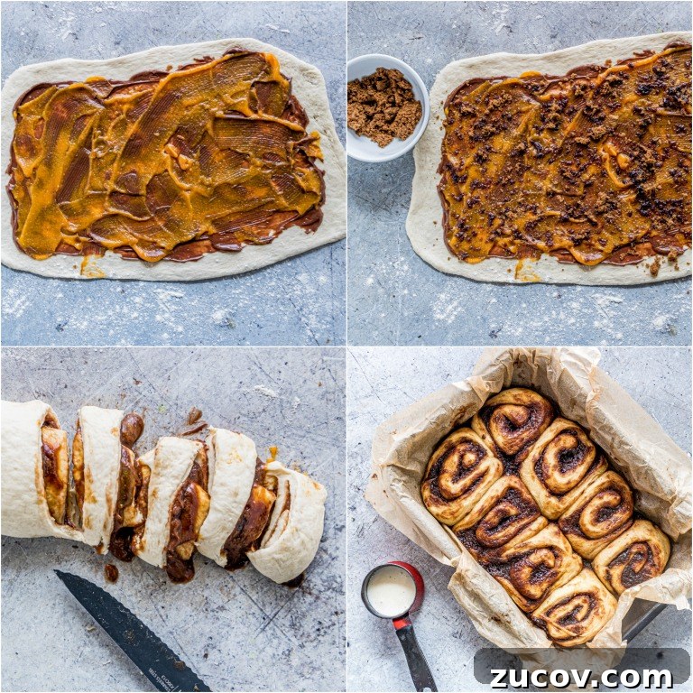 Nutella Pumpkin Cinnamon Rolls with Gooey Chocolate Swirl 3 image collage showing the steps for making nutella pumpkin cinnamon rolls