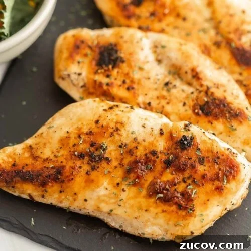 February Blackstone Chicken Recipes: What to Grill This Month 3 Grilled chicken breasts seasoned with herbs and spices, served on a dark slate plate—a delicious Blackstone Chicken Breast Recipe—with a bowl of greens partially visible in the corner.