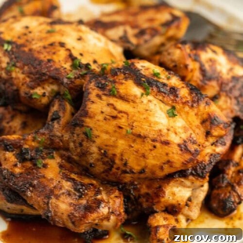 February Blackstone Chicken Recipes: What to Grill This Month 4 Grilled chicken thighs on a white plate.
