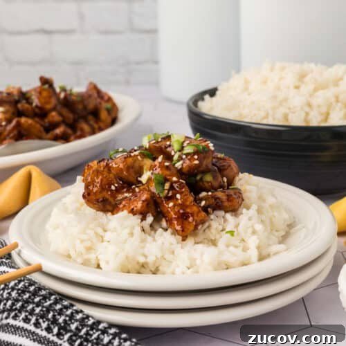 February Blackstone Chicken Recipes: What to Grill This Month 7 Orange Chicken over rice on a plate