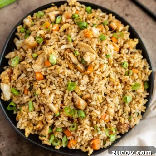 February Blackstone Chicken Recipes: What to Grill This Month 9 Chicken fried rice with vegetables in a black bowl.