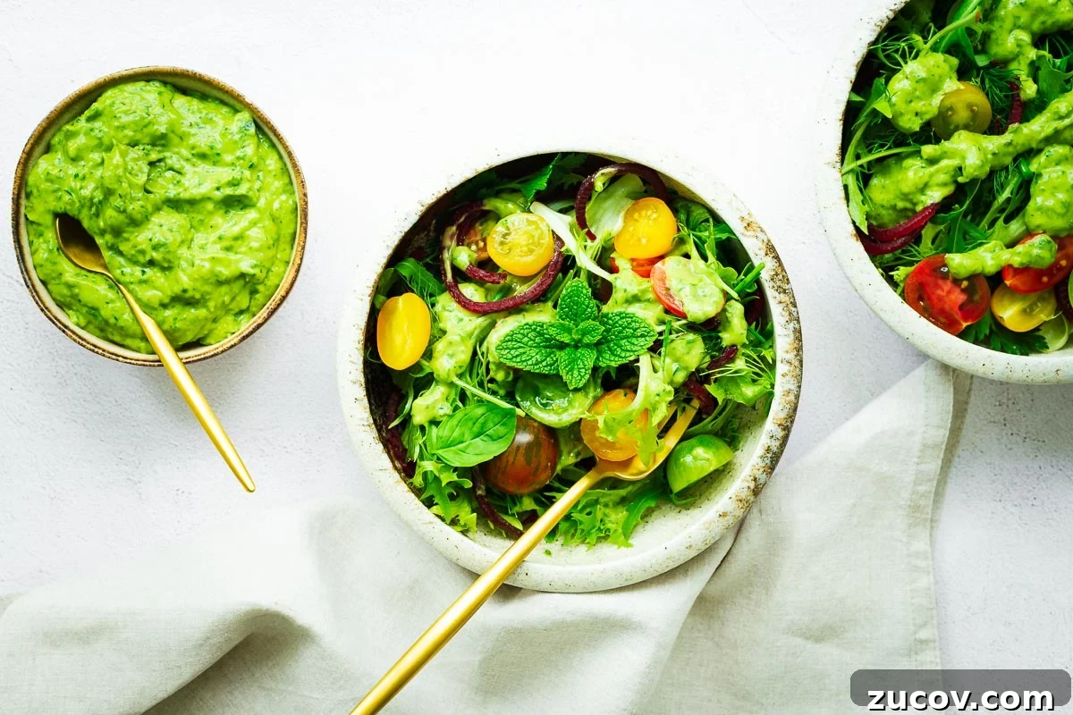 Creamy Avocado Green Goddess Dressing Recipe for Salads and Bowls 8 A top down view of salad bowls with an avocado green goddess salad dressing.