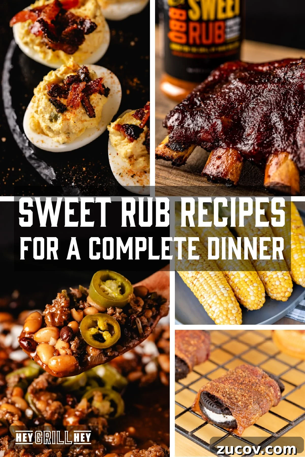 Sweet Rub Recipes to Elevate Your Dinner Menu 2 A collage of five different BBQ dishes. The text overlay reads "Sweet Rub Recipes for a Complete Dinner" in the middle, and "Hey Grill Hey" at the bottom.