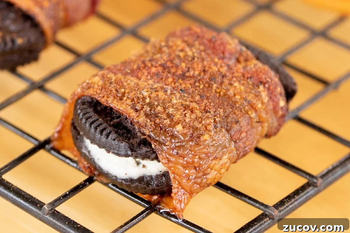 Sweet Rub Recipes to Elevate Your Dinner Menu 7 A bacon wrapped Oreo seasoned with Sweet Rub resting on a cooling rack.