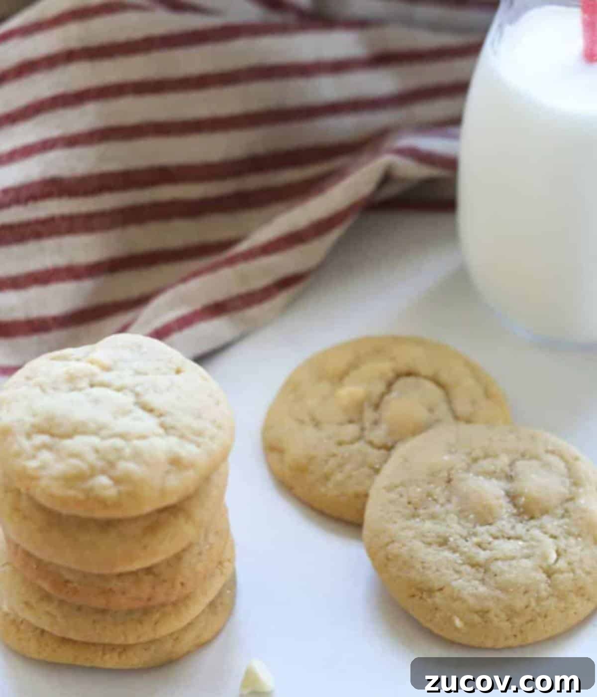 Chewy White Chocolate Chip Cookie Recipe for Perfect Bakes 8 White chocolate cookies with milk on the side.