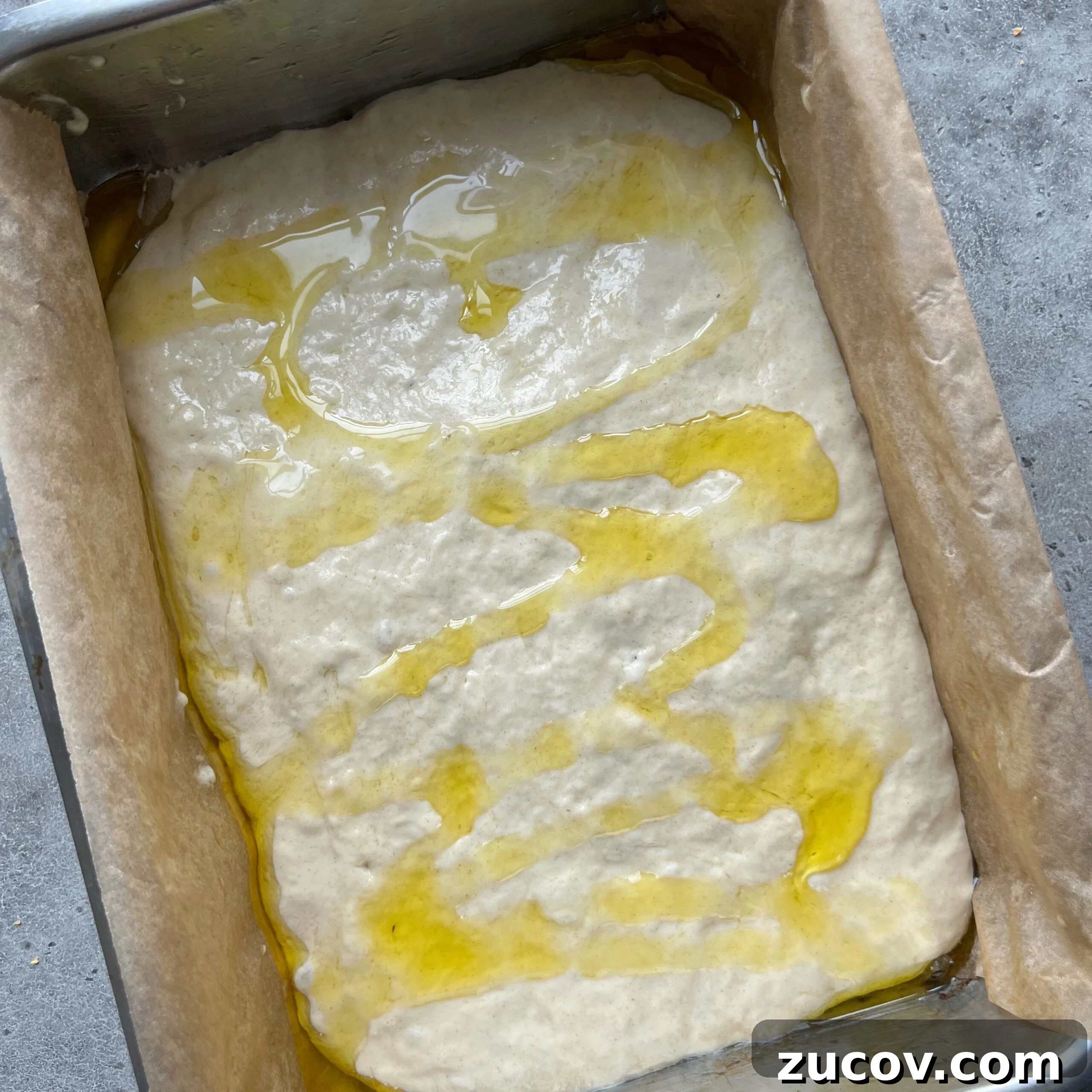 No-Knead Focaccia Recipe: Crispy, Olive Oil-Rich Bread in One Pan 15 Easy No-Knead Focaccia dough rests in a parchment-lined pan, drizzled with olive oil ready to be dimpled.