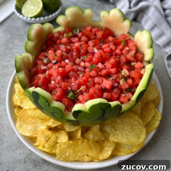 No-Knead Focaccia Recipe: Crispy, Olive Oil-Rich Bread in One Pan 20 A hollowed-out watermelon bowl filled with fresh watermelon salsa sits on a white plate surrounded by yellow tortilla chips. Lime wedges and a gray cloth are nearby.