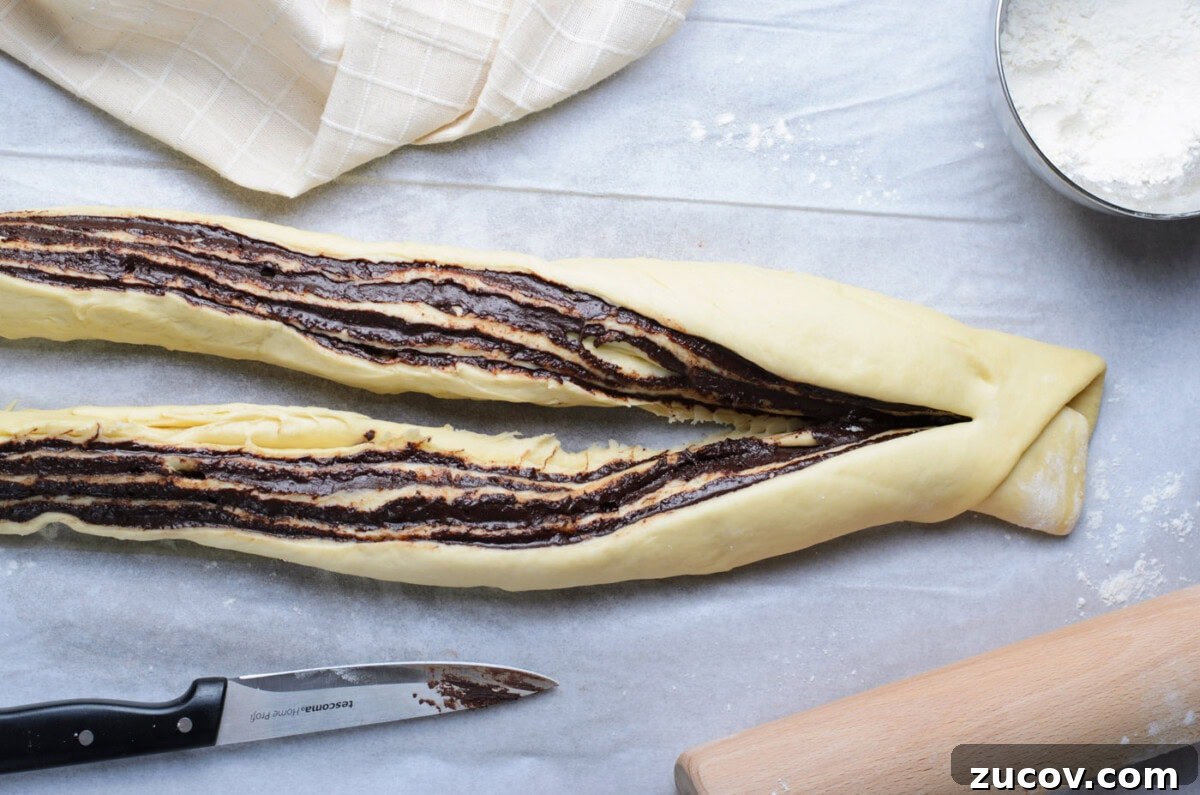 Decadent Chocolate Babka Recipe: Step-by-Step Guide 13 chocolate babka dough sliced in half
