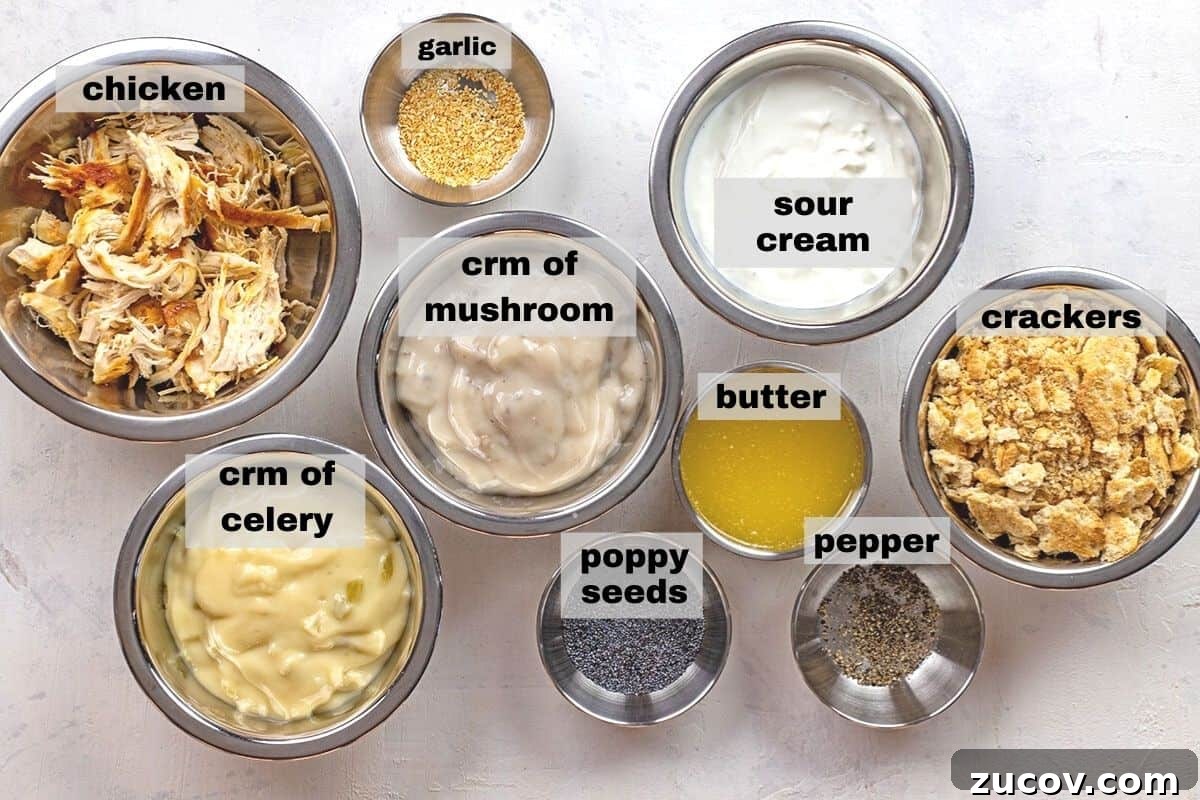 Southern Poppy Seed Chicken Casserole Recipe for Comforting Dinner 3 ingredients measured out in silver bowls on counter top