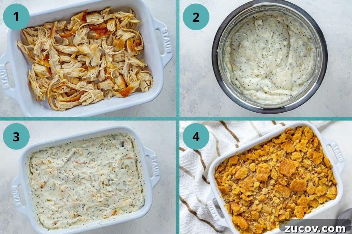 Southern Poppy Seed Chicken Casserole Recipe for Comforting Dinner 4 photo collage of recipe steps