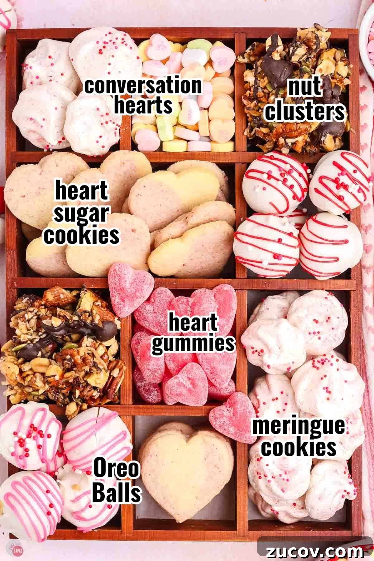 Valentine's Day Treat Box Ideas for Gifts and Party Favors 3 wood box with candy and cookies in it each compartment