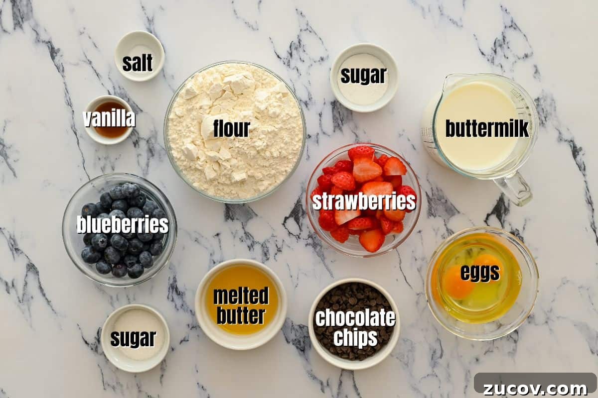 Sheet Pan Pancakes Ingredients for sheet pan pancake labeled on counter.